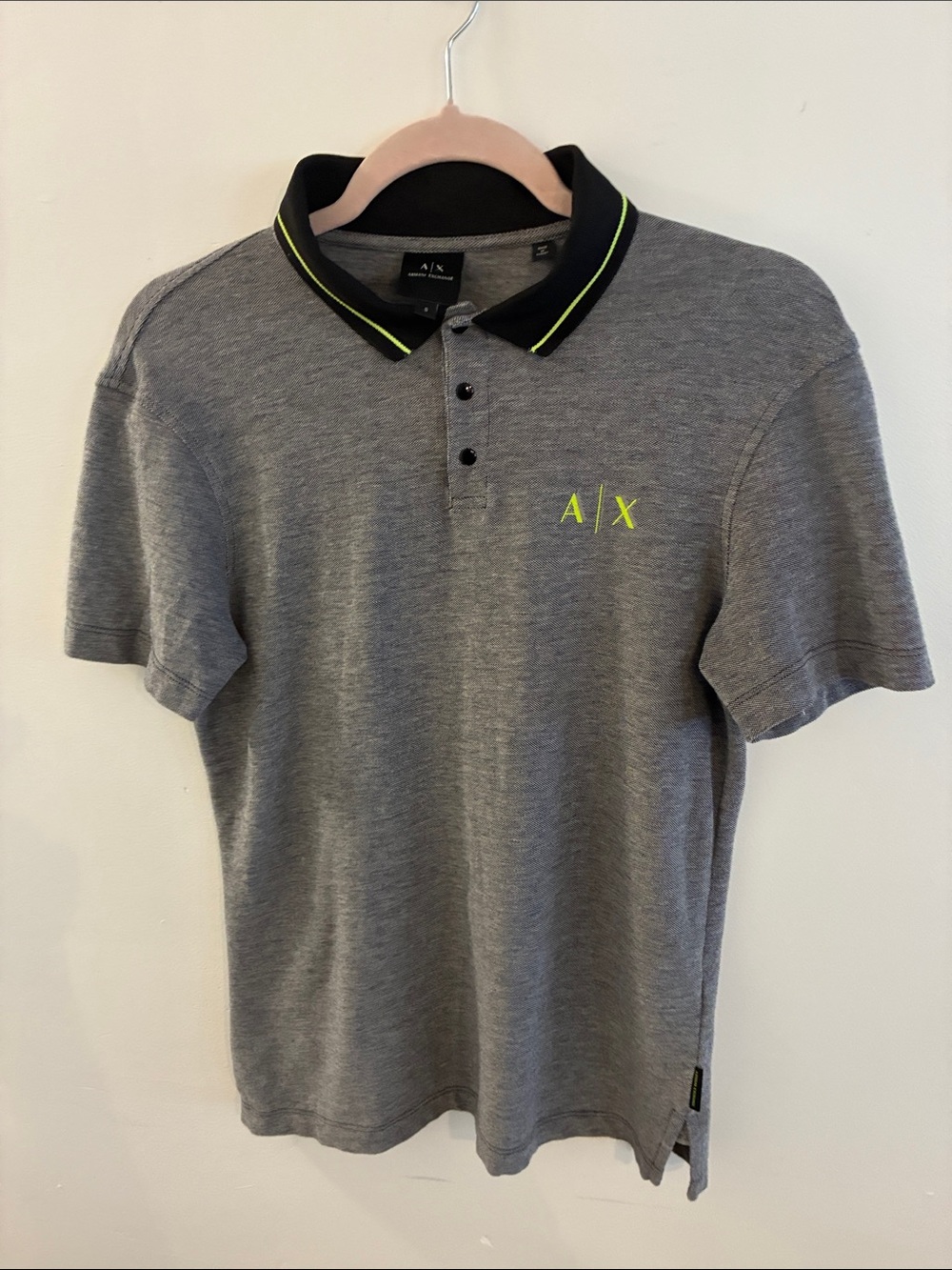 A/X Armani Exchange Gray Polo with Black Collar and Neon Yellow Trim S